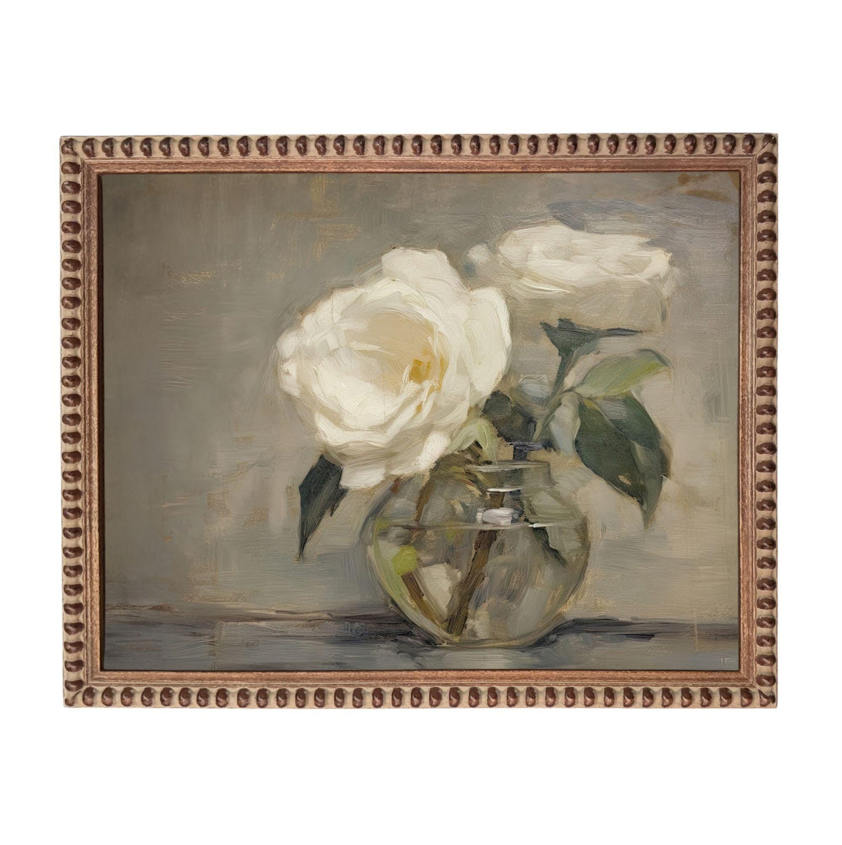 A painting of two white roses in a glass vase, set against a neutral background.