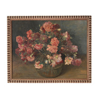 The image is an oil painting depicting a vase filled with a variety of pink and red flowers.