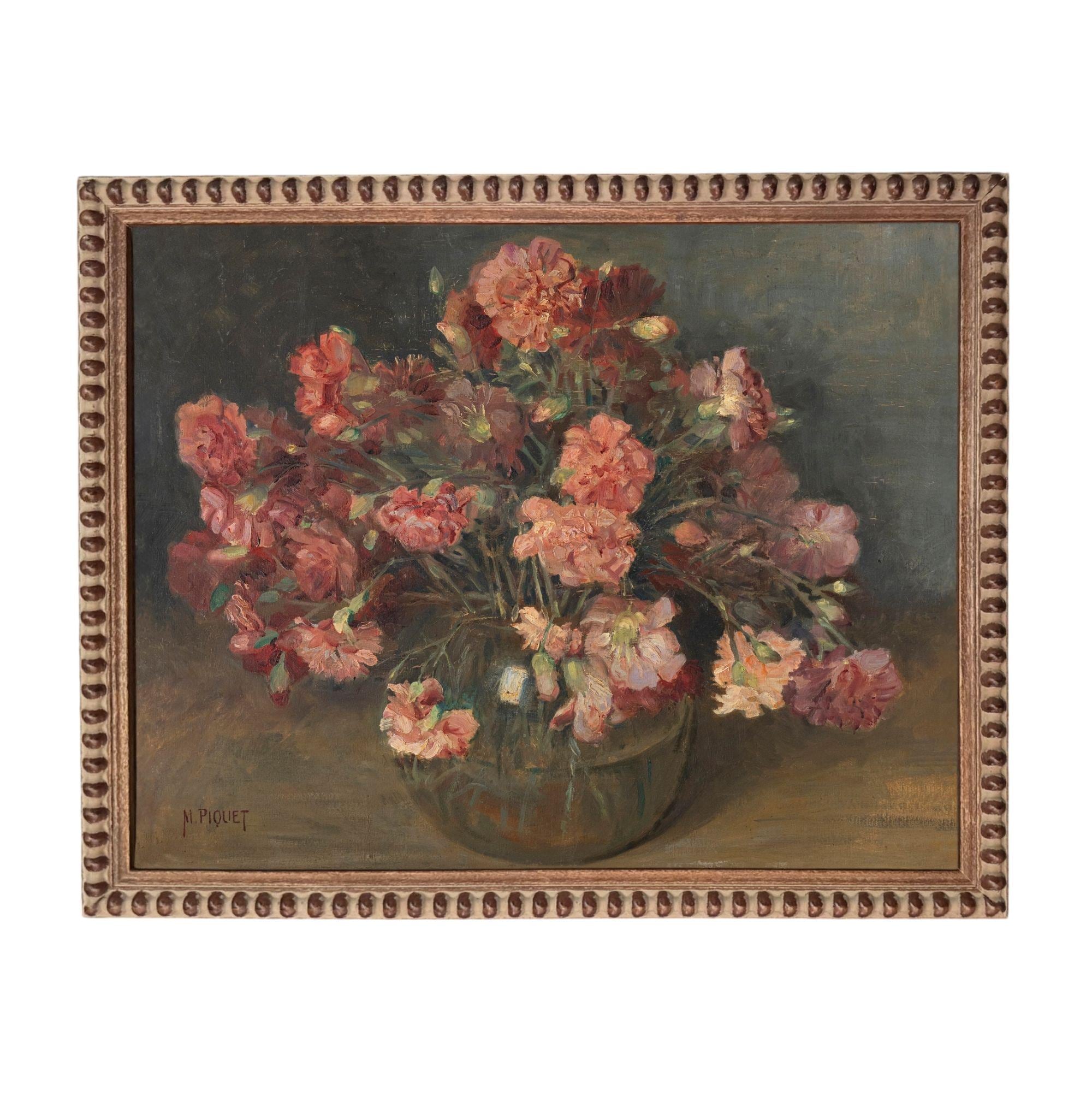 The image is an oil painting depicting a vase filled with a variety of pink and red flowers.