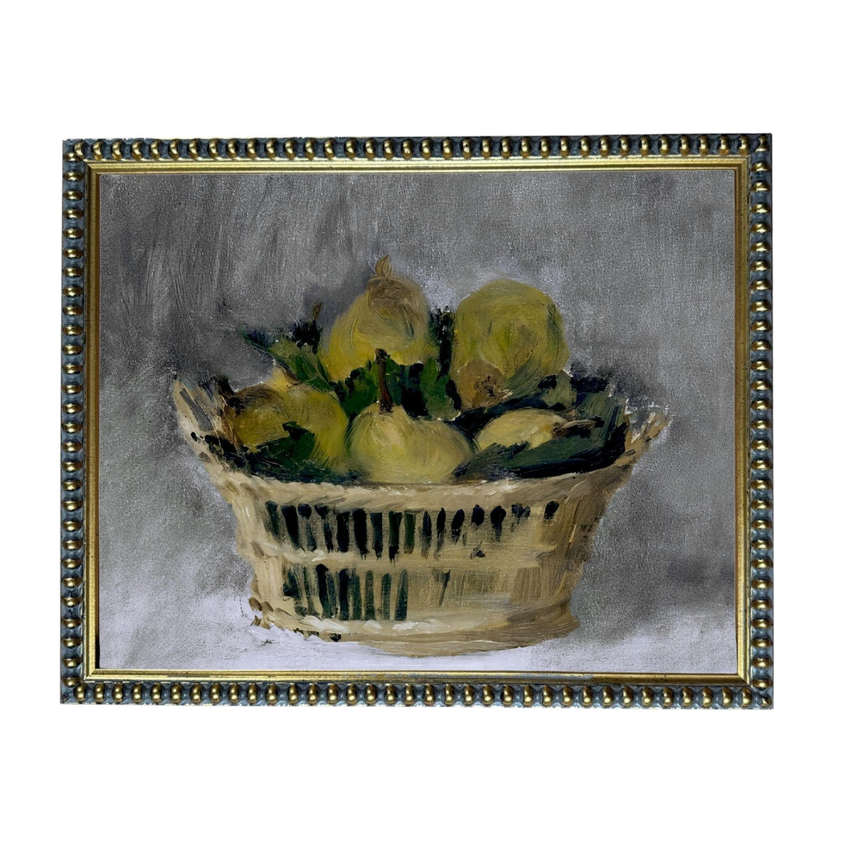 A painting of a basket filled with yellow lemons against a gray background.
