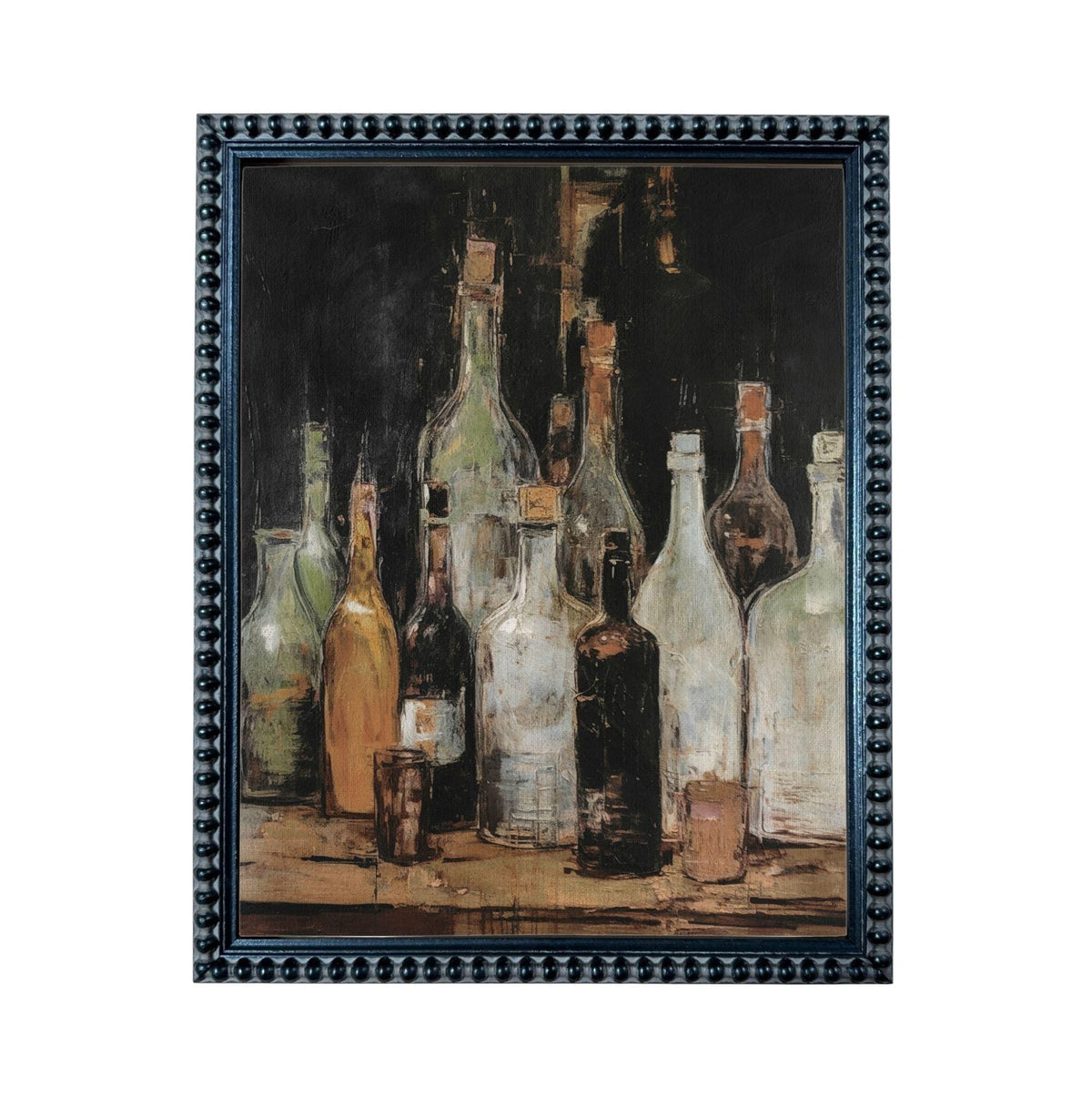 The image is a framed painting depicting a collection of various bottles, including wine bottles and liquor bottles, arranged on a wooden surface.