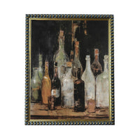 The image is a framed painting depicting a collection of various bottles, including wine and liquor bottles, arranged on a wooden surface.