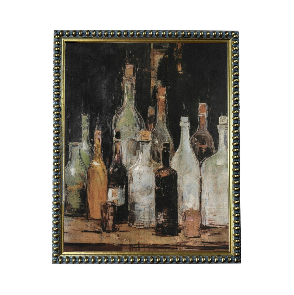 The image is a framed painting depicting a collection of various bottles, including wine and liquor bottles, arranged on a wooden surface.