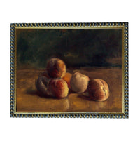 The image is an oil painting depicting a still life of several peaches arranged on a wooden surface.