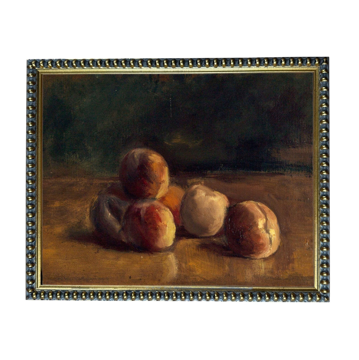 The image is an oil painting depicting a still life of several peaches arranged on a wooden surface.