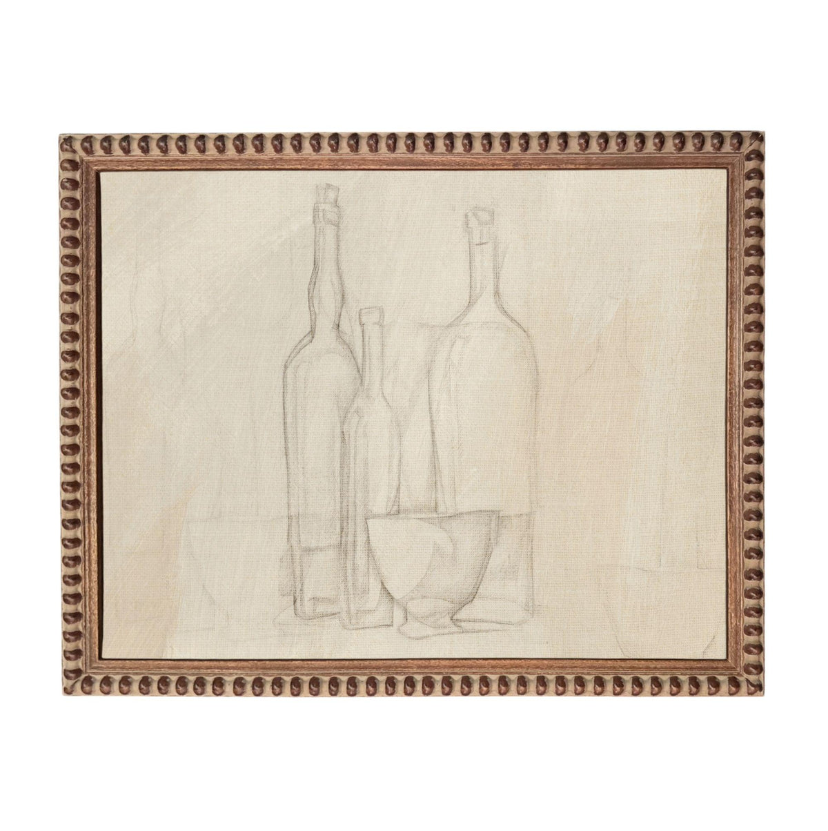 The image is a framed still life drawing featuring three bottles and a bowl.