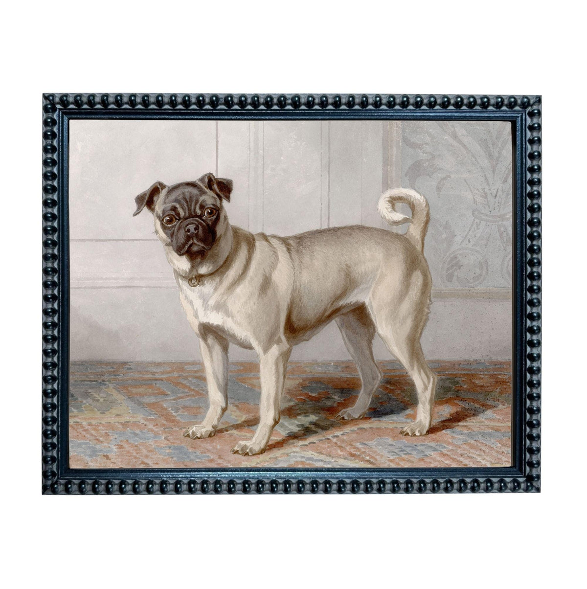 A pug dog standing on a patterned rug in a room.