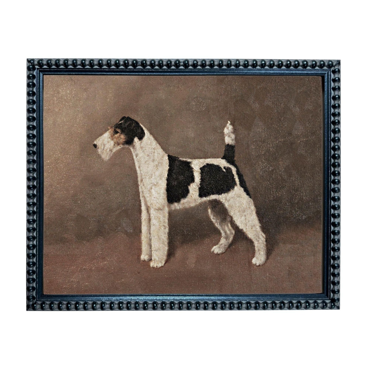 A framed painting of a black and white dog standing on a brown surface.