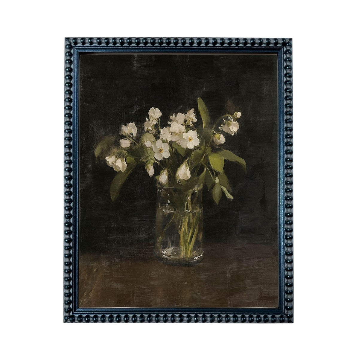 A painting of a vase filled with white flowers, placed on a dark surface.