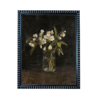 A painting of a vase filled with white flowers, placed on a dark surface.