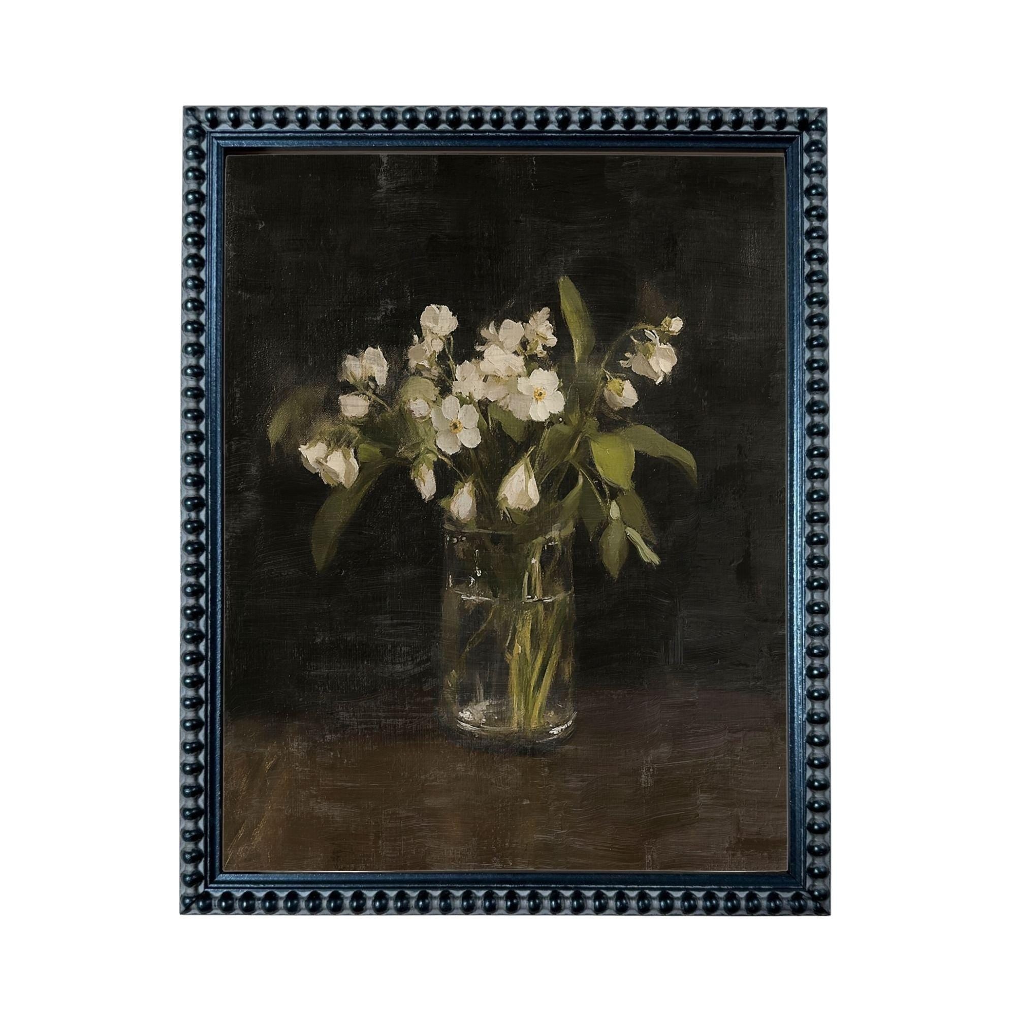 A painting of a vase filled with white flowers, placed on a dark surface.