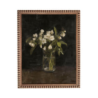A painting of a vase filled with white flowers, placed on a dark surface.