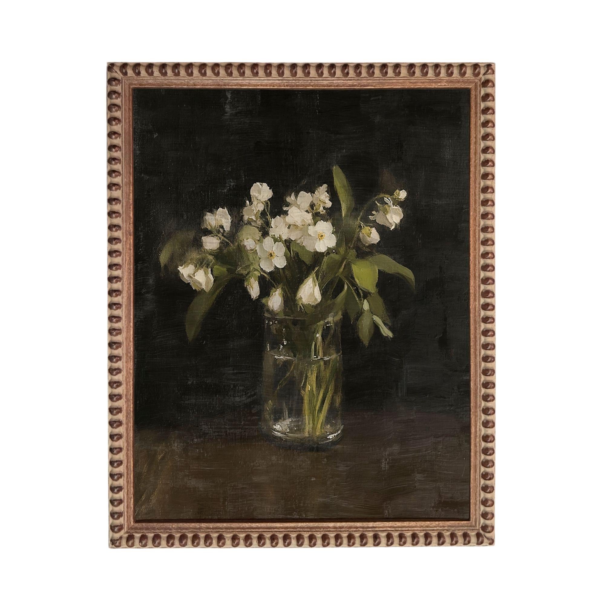 A painting of a vase filled with white flowers, placed on a dark surface.