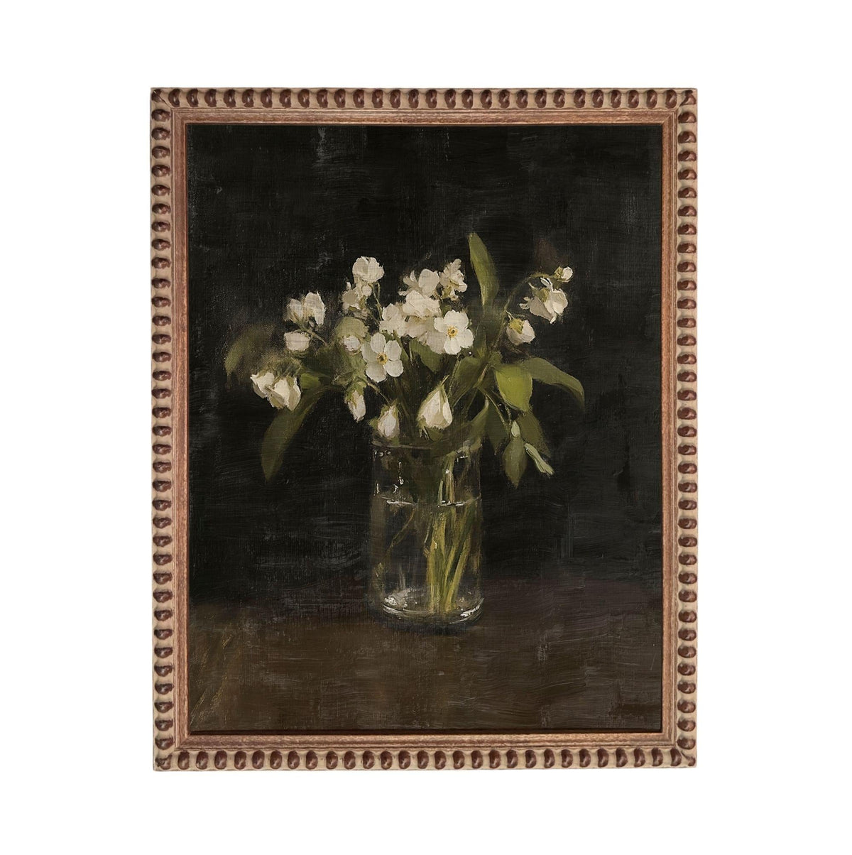 A painting of a vase filled with white flowers, placed on a dark surface.