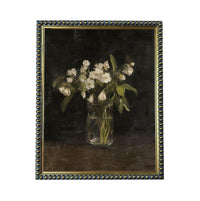A painting of a vase filled with white flowers, placed on a dark surface.