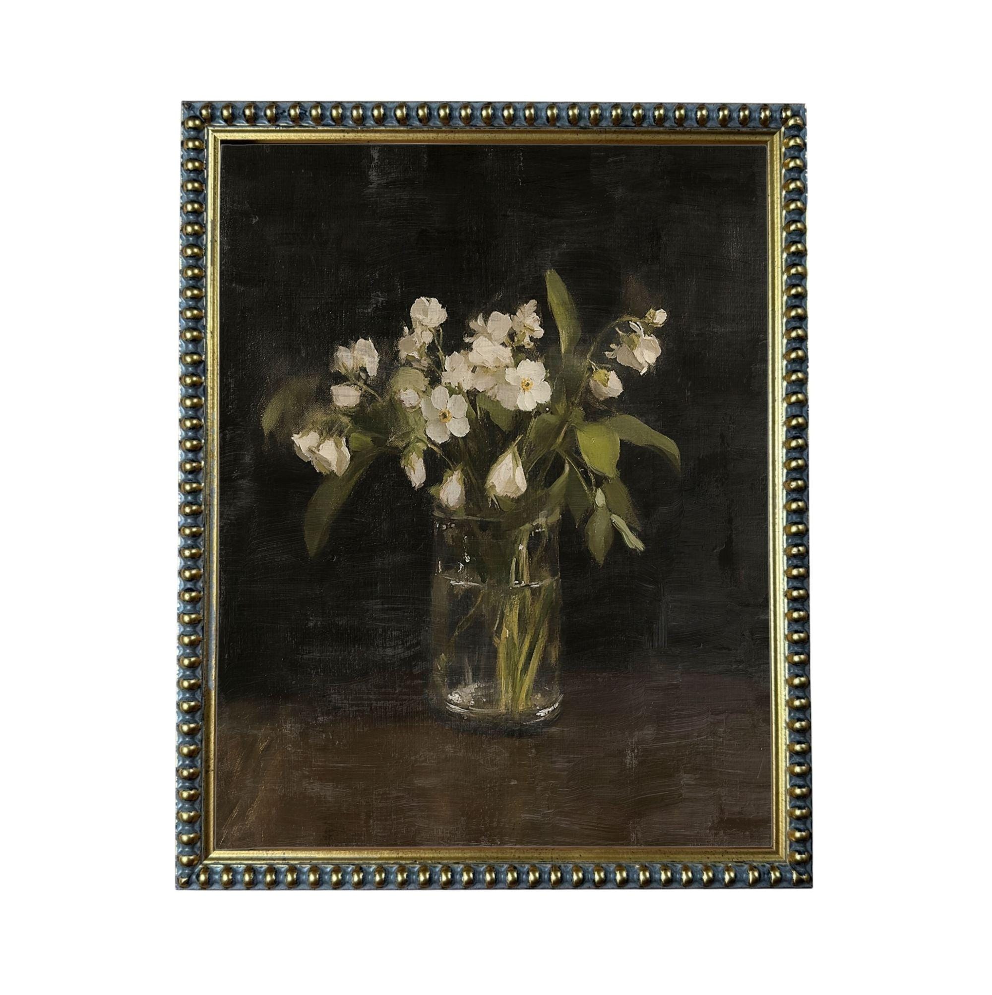 A painting of a vase filled with white flowers, placed on a dark surface.