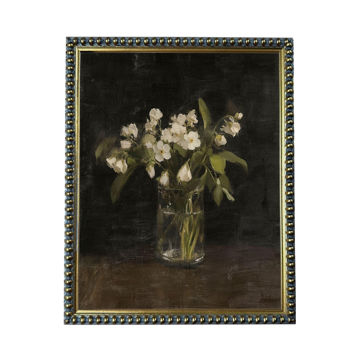 A painting of a vase filled with white flowers, placed on a dark surface.