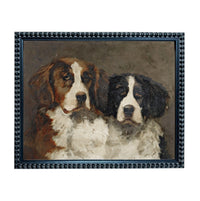The image is a framed painting depicting two dogs, likely a spaniel breed, with a brown and white color scheme.