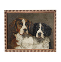 Two dogs, one brown and one black and white, are sitting together in a painting.