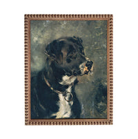 The image is a painting of a black dog with a collar, set against a blurred background.