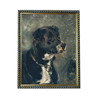 The image is a painting of a black and white dog, likely a Labrador retriever, with a collar around its neck.