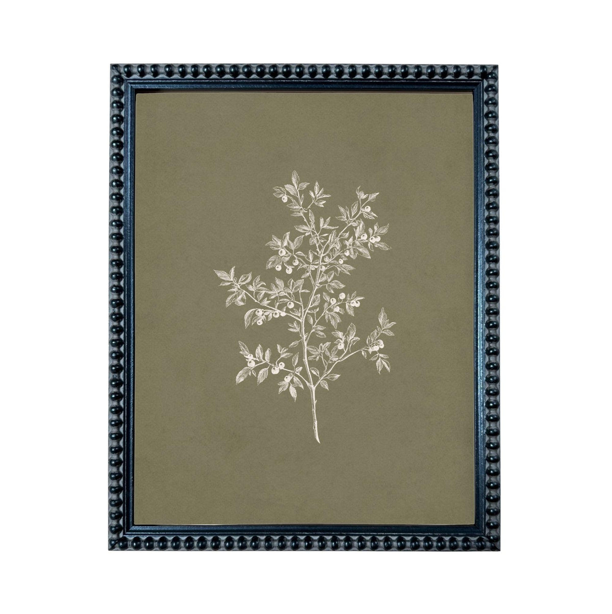 a framed print of a tree with white leaves against a dark green background.