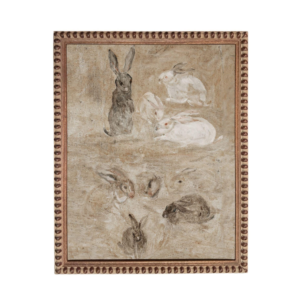 The image is a painting featuring a group of rabbits in various poses and positions, with some standing and others sitting or lying down. The painting is framed with a decorative border.