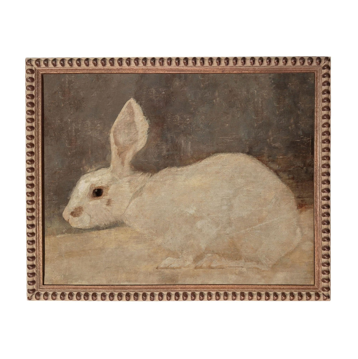 A painting of a white rabbit sitting on a surface.