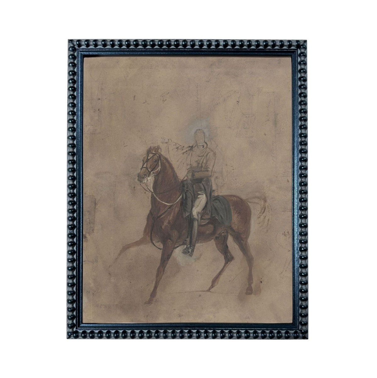 a man riding a horse, with the horse in the foreground and the rider in the background.