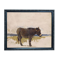 a brown donkey standing in a field.