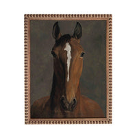 A painting of a horse with a white stripe on its forehead, set within an ornate wooden frame.
