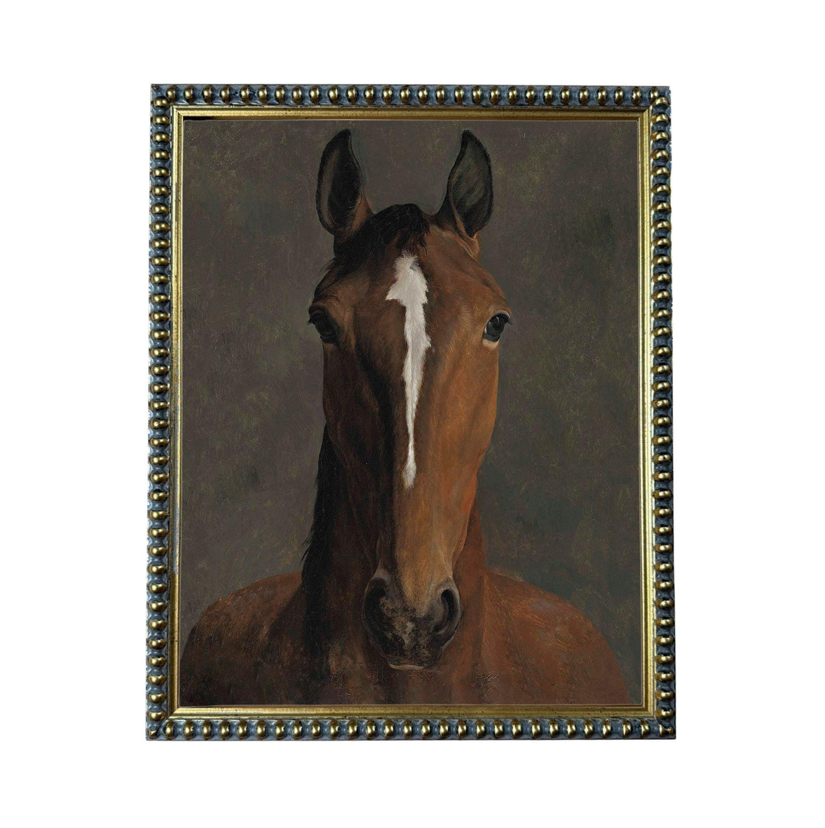 A painting of a horse with a white stripe on its forehead, set within an ornate gold frame.