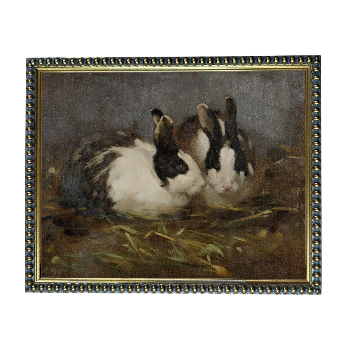 two rabbits sitting together in a grassy area.