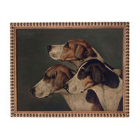 A painting of three hound dogs, likely beagles, with a dark background and a brown frame.