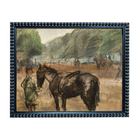 The image is a painting depicting a man standing next to a horse in a field, with other people and horses visible in the background.