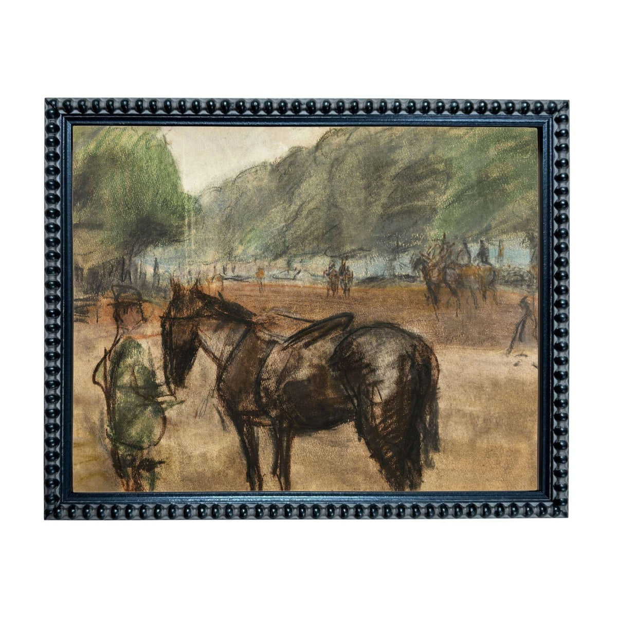 The image is a painting depicting a man standing next to a horse in a field, with other people and horses visible in the background.