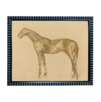A framed drawing of a horse in a brown color.