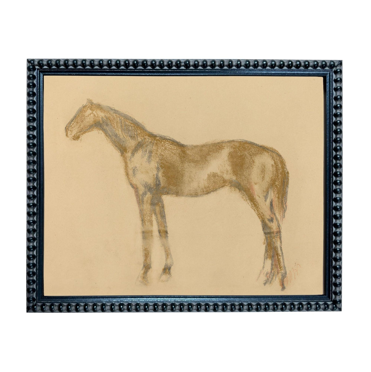 A framed drawing of a horse in a brown color.