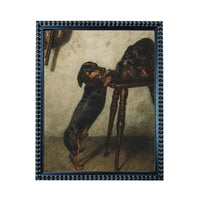 two dogs standing on their hind legs, with one dog on a table and the other dog on the floor.