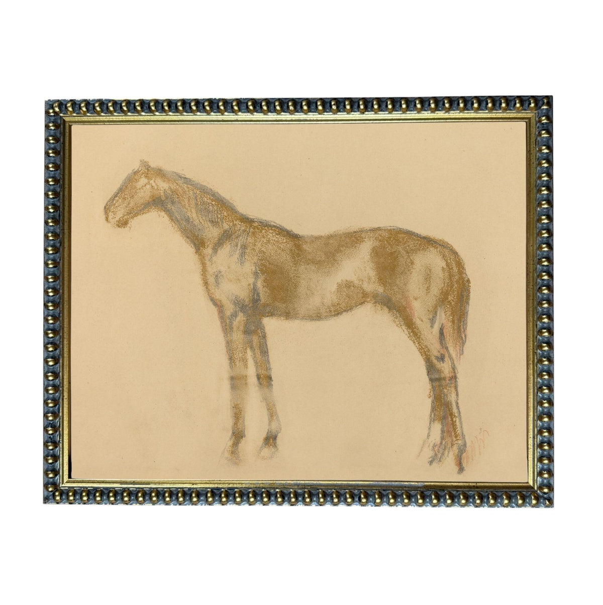 The image is a framed drawing of a horse, depicting a detailed and realistic representation of the animal.