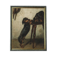two dogs standing on their hind legs, with one dog on a table and the other dog on the floor.