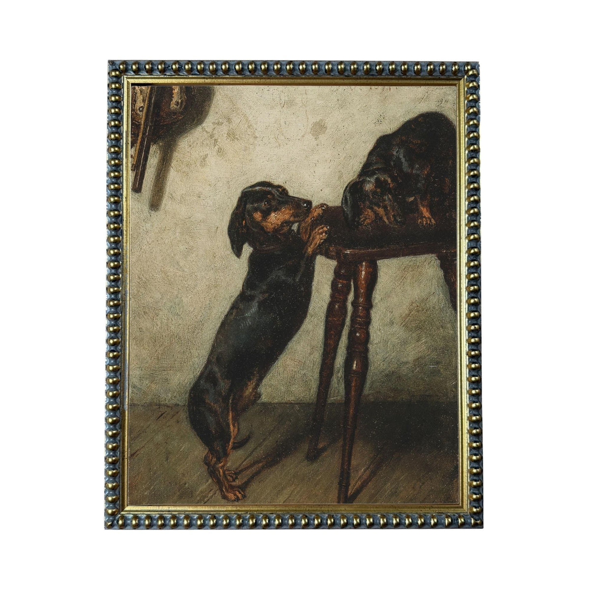 two dogs standing on their hind legs, with one dog on a table and the other dog on the floor.