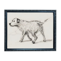 A black and white sketch of a dog walking across a field.