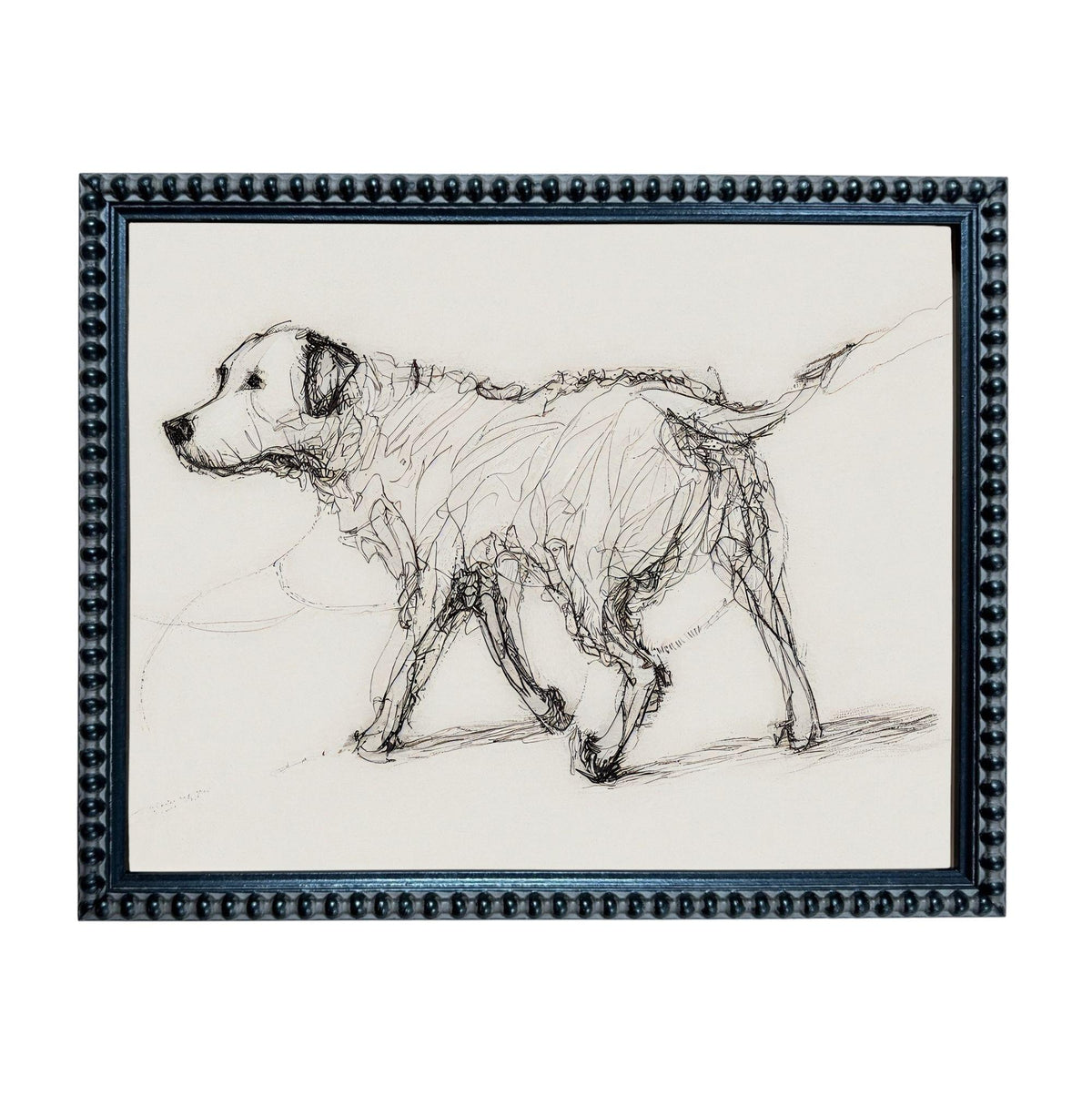 A black and white sketch of a dog walking across a field.