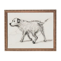 A black and white sketch of a dog walking across a white background.