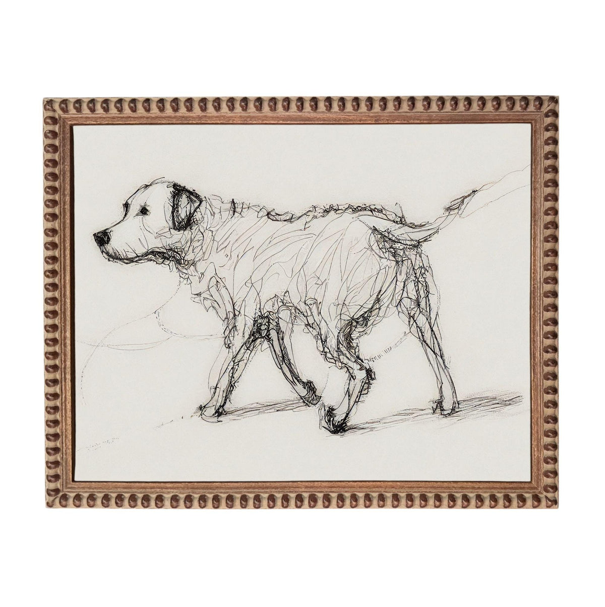 A black and white sketch of a dog walking across a white background.