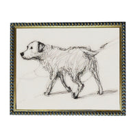 A black and white sketch of a dog walking in a frame with a decorative border.