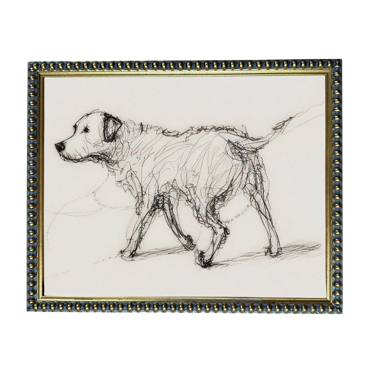 A black and white sketch of a dog walking in a frame with a decorative border.