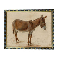 a brown donkey standing on a dirt ground.