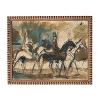 The image is a painting depicting a group of people riding horses in a field.